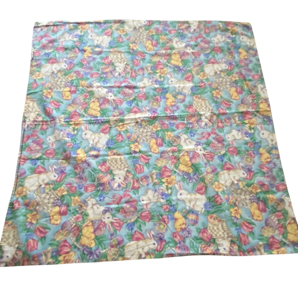 Vintage Easter Tablecloth Bunny‎ Chick Floral Egg Print Blue Pastel Spring Decor